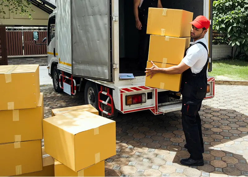 Delivery worker unloading boxes from truck