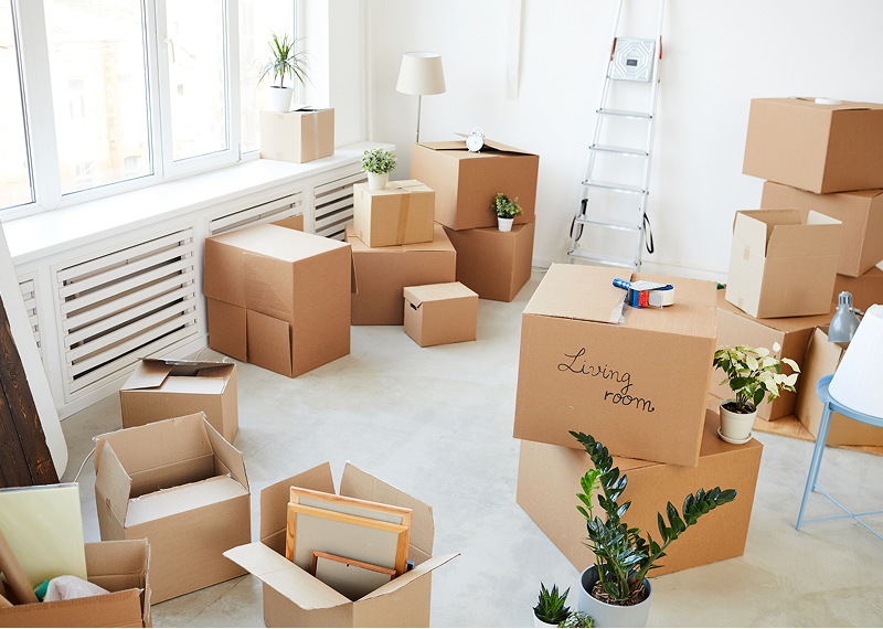 Unpacked boxes in a new home