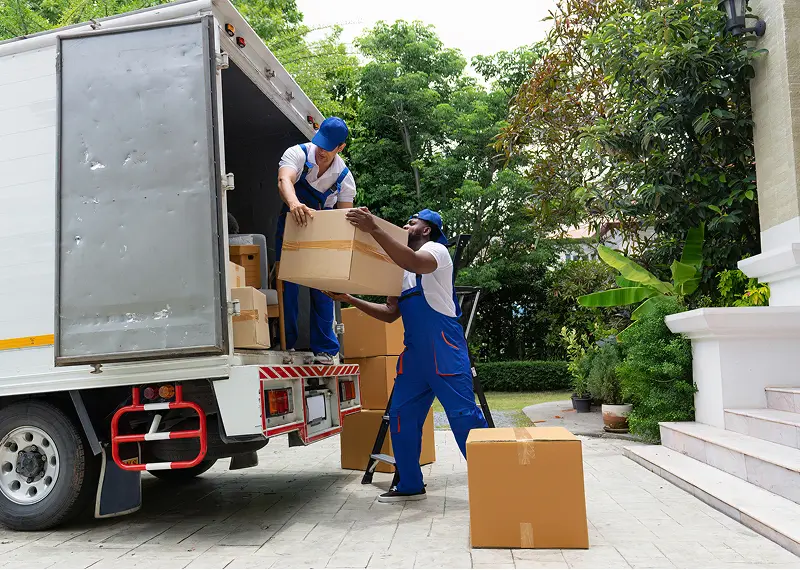 Two movers handling cardboard boxes
