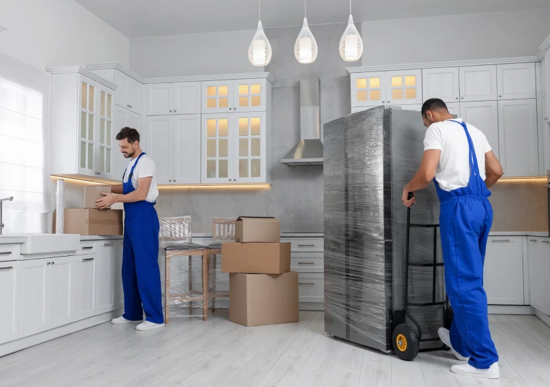 Movers transporting household belongings into a new residence.