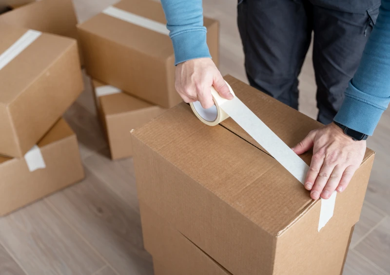 Carefully sealing cardboard boxes with packing tape securely.